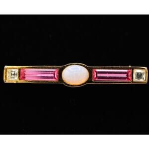 Givenchy Vintage Cabochon Pin Brooch Opal Pink Baguette Crystal Bar Signed BinAJ